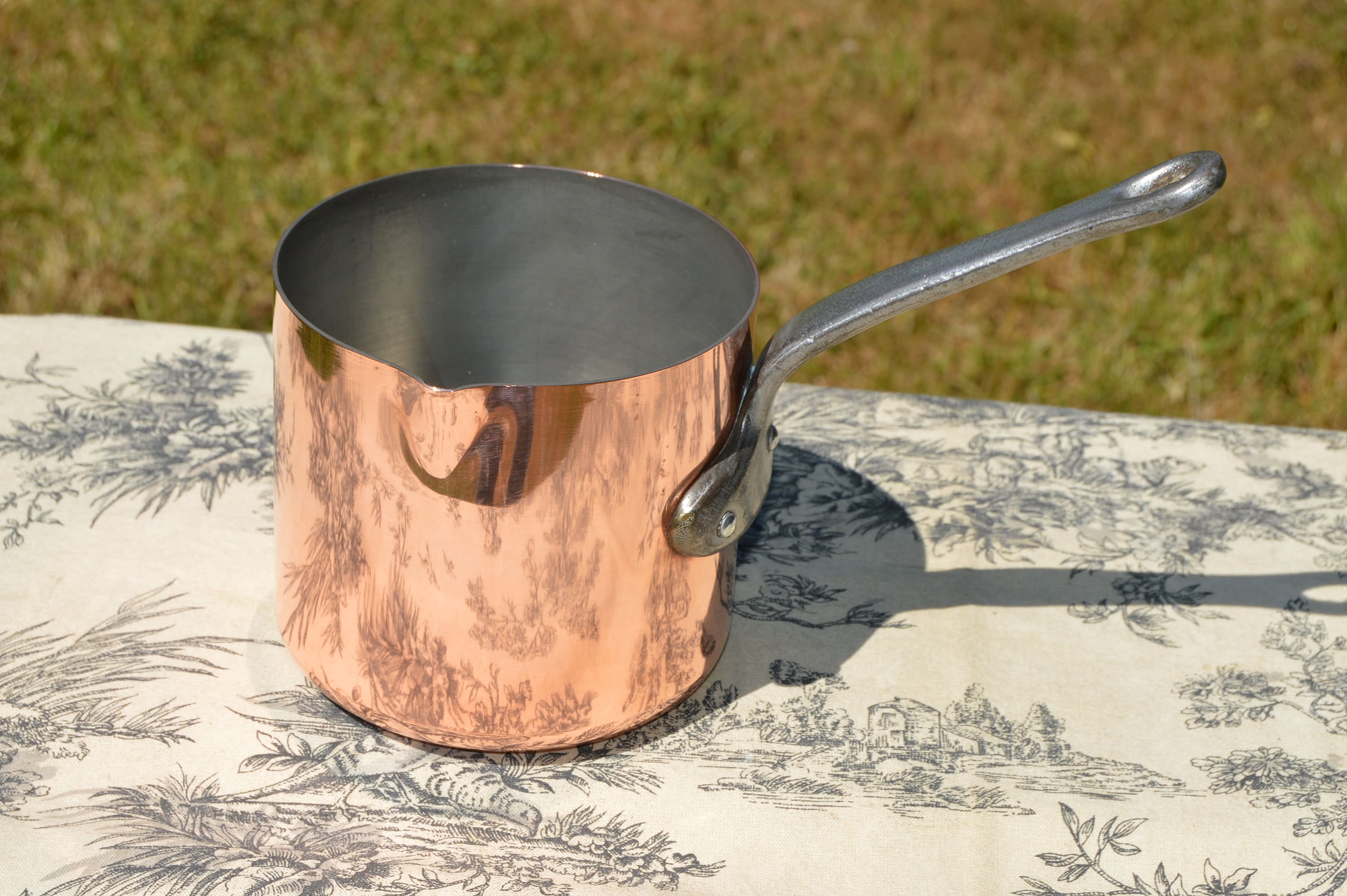 Copper Pan 1.3mm Small But Tall Milk Sauce Pan French Copper Tin Lined Iron  Handle Pouring Spout Normandy Kitchen Factory Tin Good Condition
