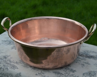 Poêle à confiture ancienne en cuivre, conserve, poêle à confirir vintage, poignées en bronze coulé, 32 cm 12 1/2 po. 2,2 kilos