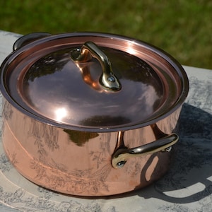 Vintage Copper Dutch Oven, Nickel-Lined Casserole Pot with Bronze Handles (Made in France)