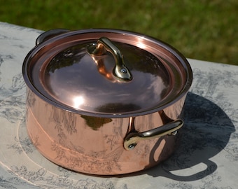 Vintage Copper Dutch Oven, Nickel-Lined Casserole Pot with Bronze Handles (Made in France)