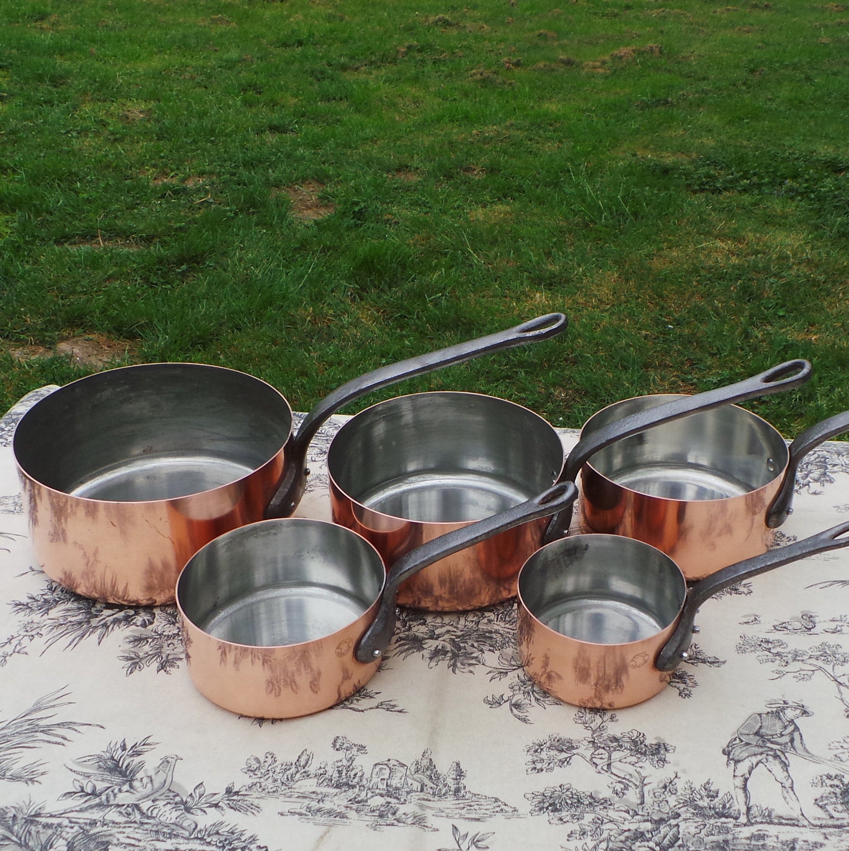 Copper Pans Vintage E France Fabrication Francaise Set of Five French