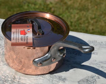 Vintage Copper Pan 2.5mm 16cm 7" French Professional Pot Saucepan New Tin Iron Handle Small Edge Dent NKC New Lid Made in France