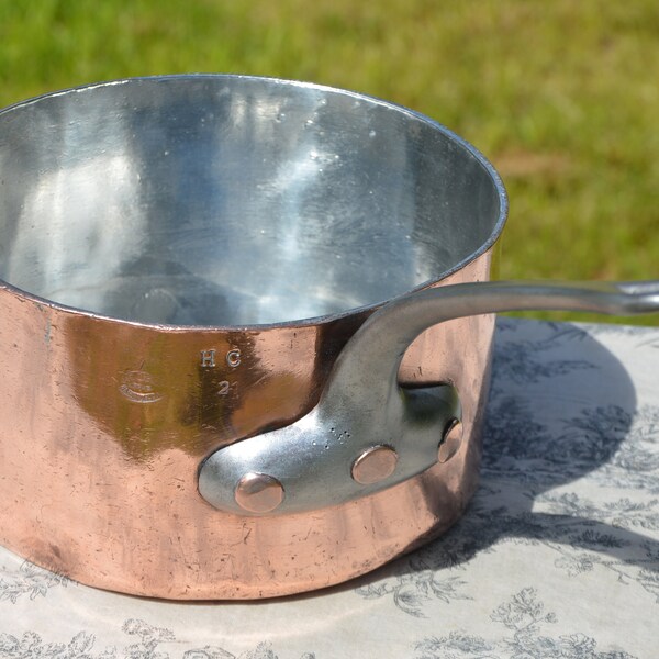 J E Gaillard of Paris Copper Pan Worn Stamp 22cm 8 5/8" Antique French Many Dents Pot Saucepan New Hand Wiped Tin 3mm Forged Iron Handle