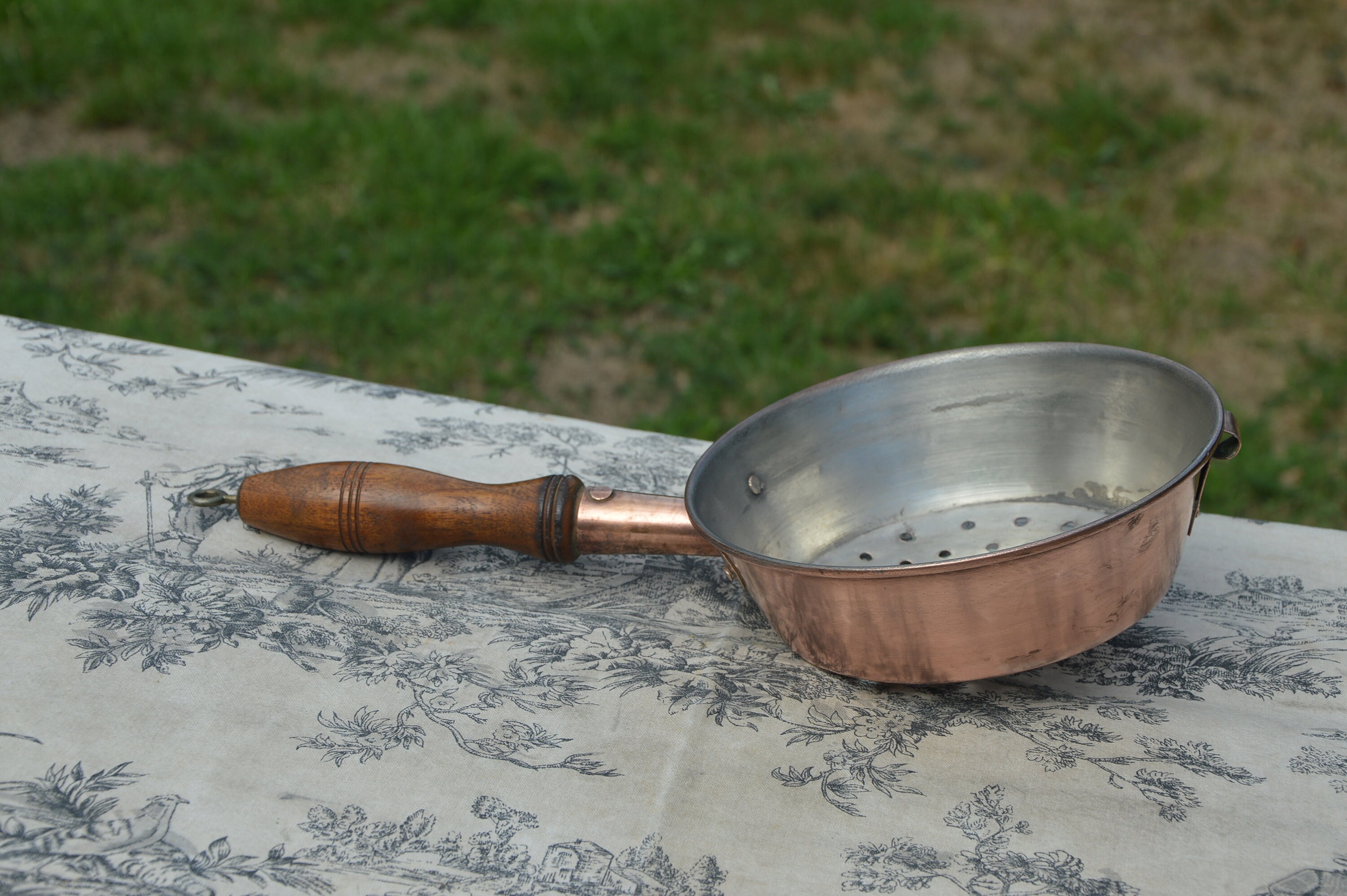 RESERVED Linda Sieve Vintage French Copper Pan Vegetable Colander Sieve Wooden Handle Rich