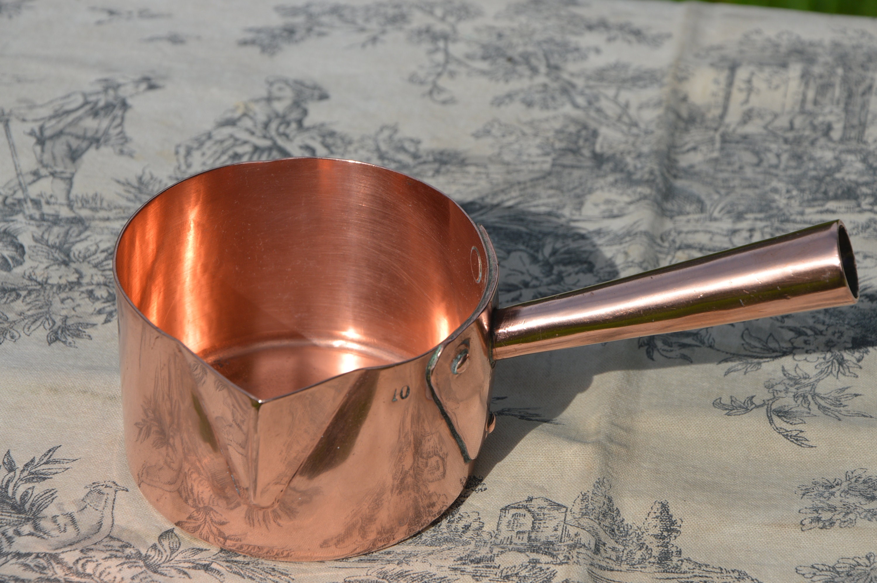 Copper Pan 1.3mm Small But Tall Milk Sauce Pan French Copper Tin Lined Iron  Handle Pouring Spout Normandy Kitchen Factory Tin Good Condition