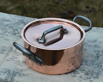 Vintage French Copper Casserole Pan Pot Round  Dutch Oven New Artisan Hand Wiped Tin Lid Made in France 1.5mm Faitout Pot 16cm 6 1/4 Robust