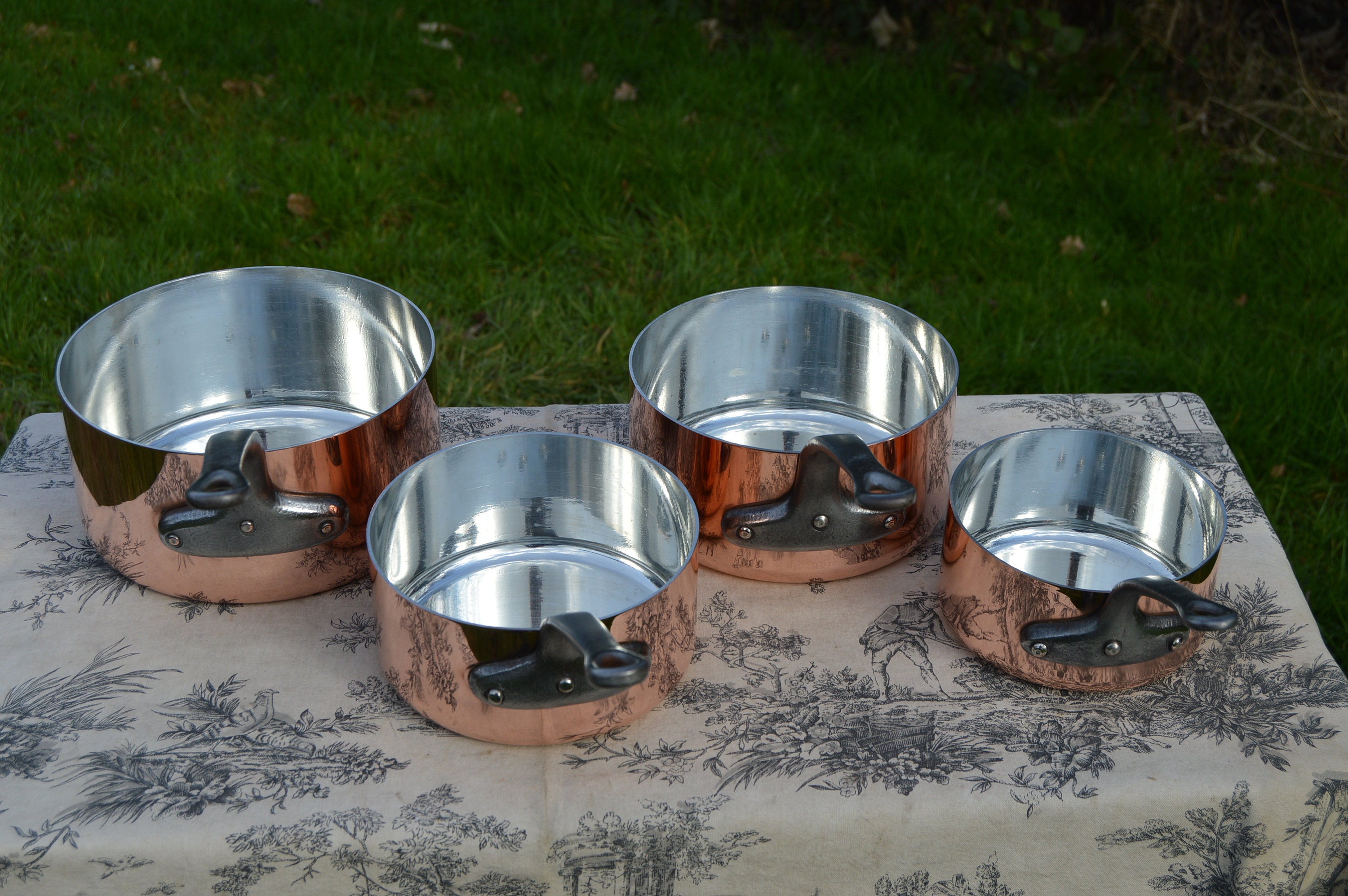 Copper Pans New Villedieu Tin Vintage Four French Copper 1.8mm Pans Cast Iron Handles Normandy