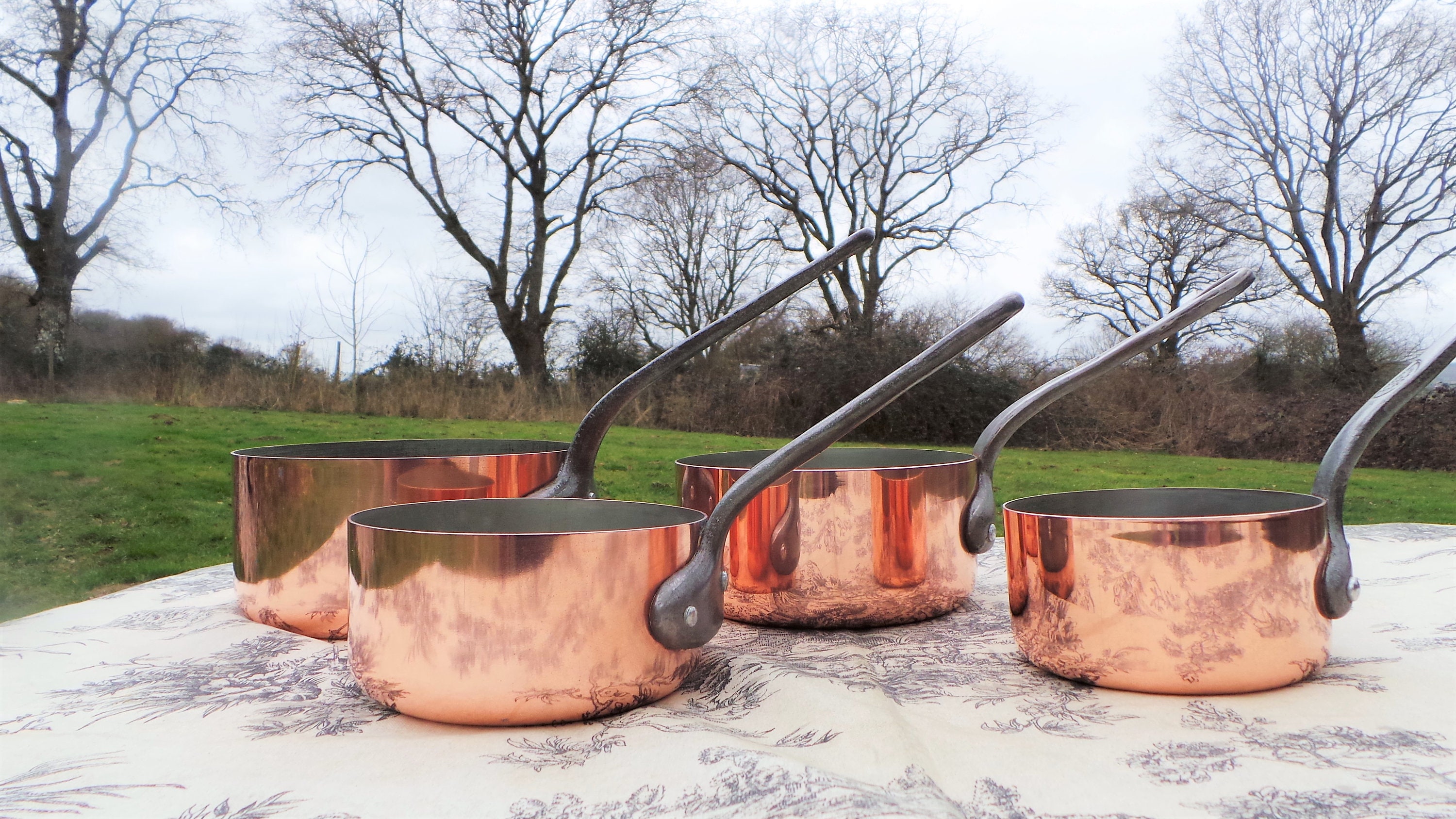 French Copper Pans set of Four Tupperware Saucier Set Made In