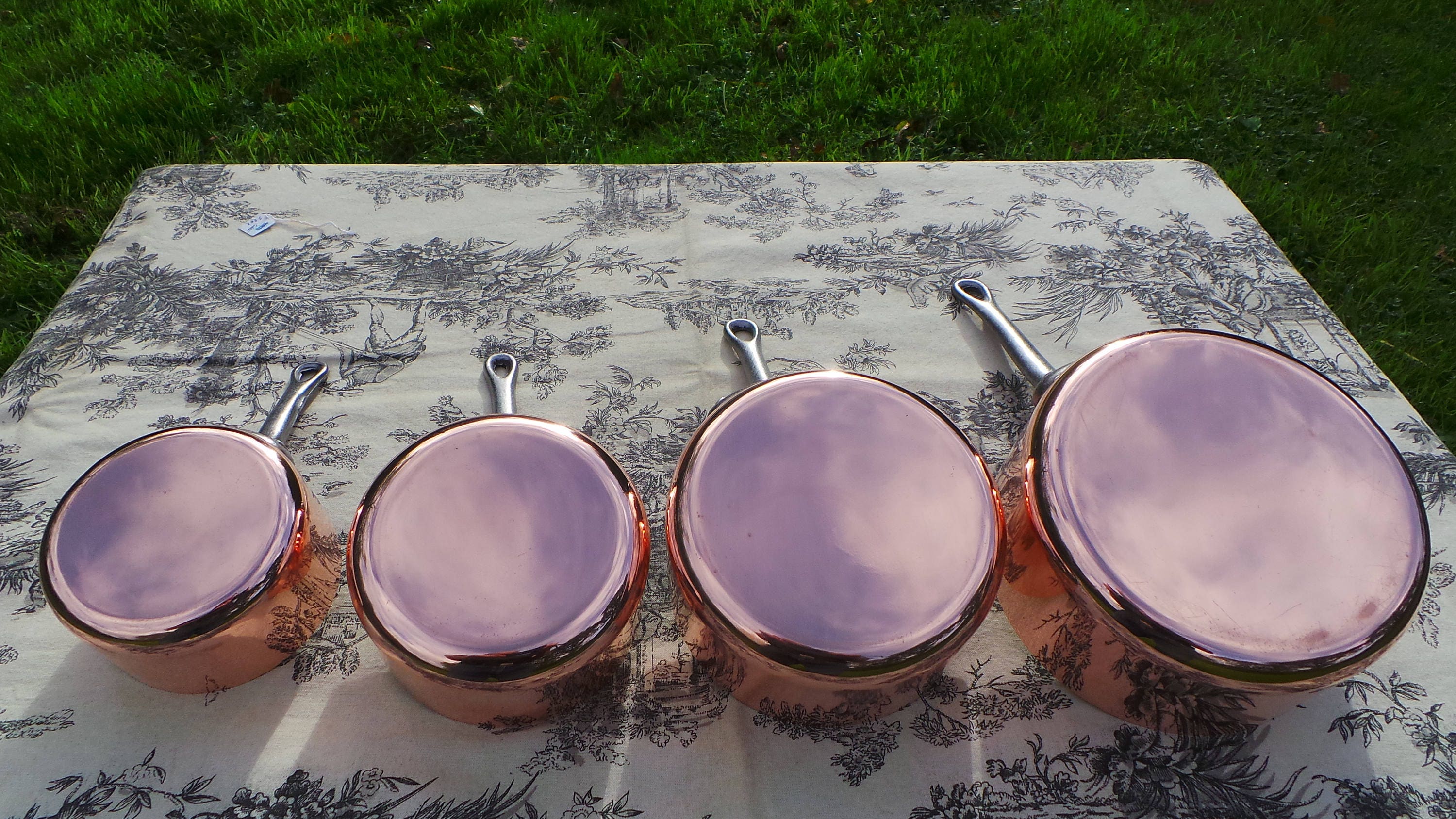 French Copper Pans set of Four Saucier Set Made In France Unmarked 1mm