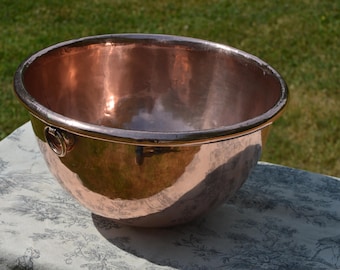 Antique French Copper Mixing Bowl: Massive 34cm Full Round with Cast Iron Ring Handle