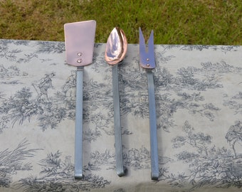 Utensils Quality Vintage French Copper Wrought Iron Set of Utensils Kitchen Three Magnificent Set Cooking Copper Rivets