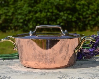 Vintage French Copper Pan Pot Round Sauteuse Evasee Dutch Oven New Villedieu Tin Casserole Lid Made in France 1.7mm Faitout Pot 16cm 6 1/4"