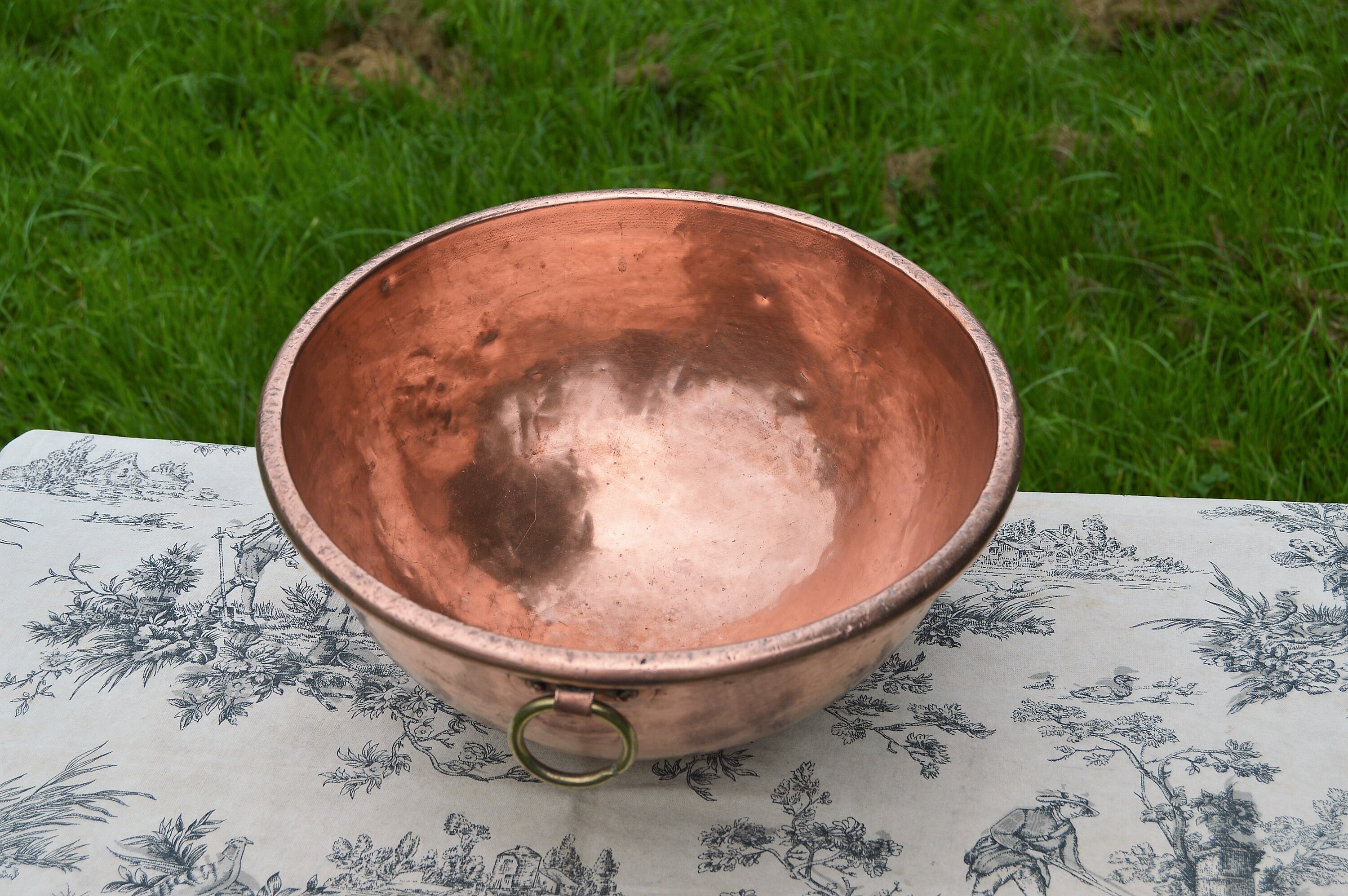 Vintage Set of Three Copper Mixing Bowls With Brass Loop Handles