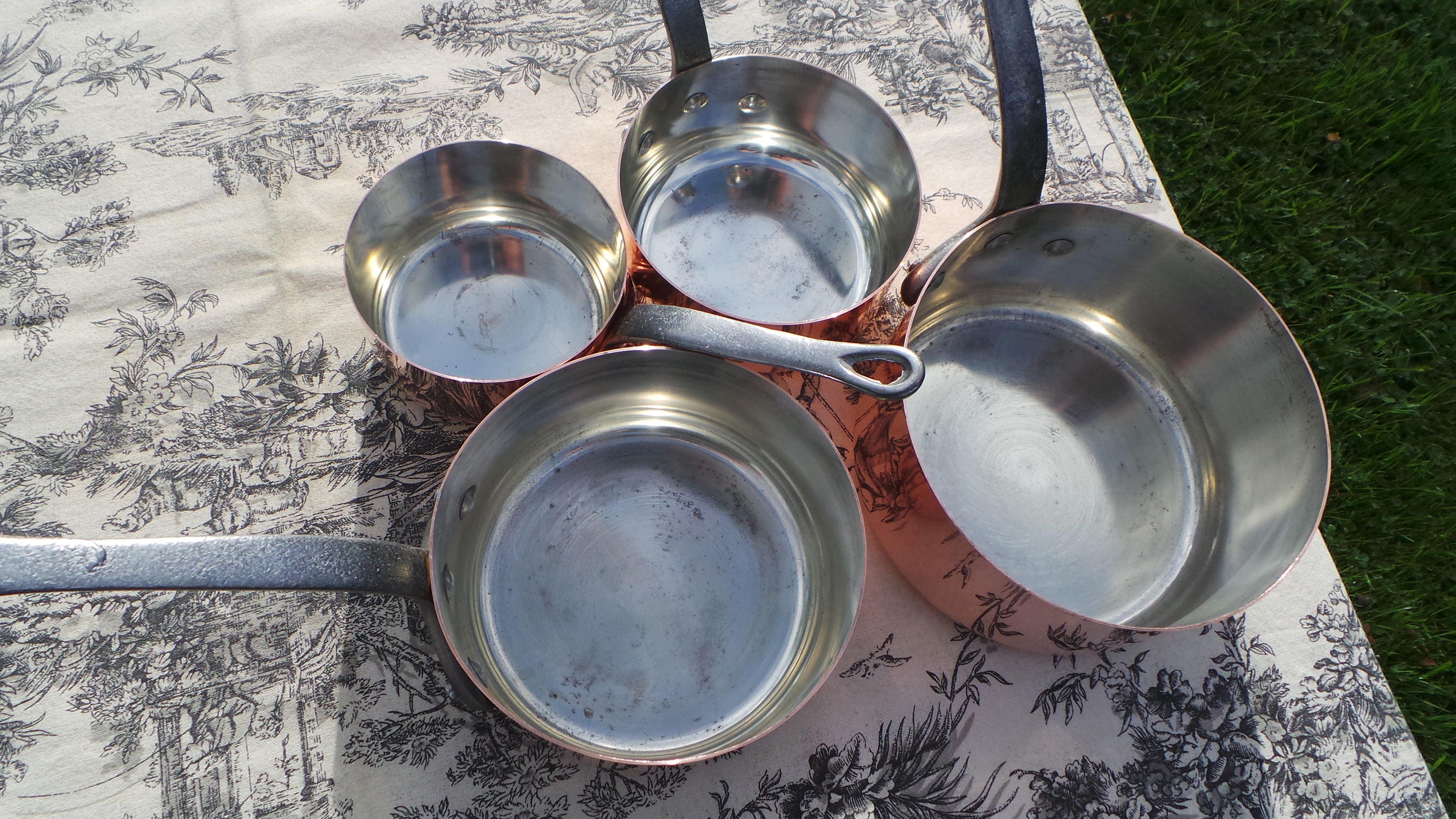 French Copper Pans set of Four Saucier Set Made In France Unmarked 1mm