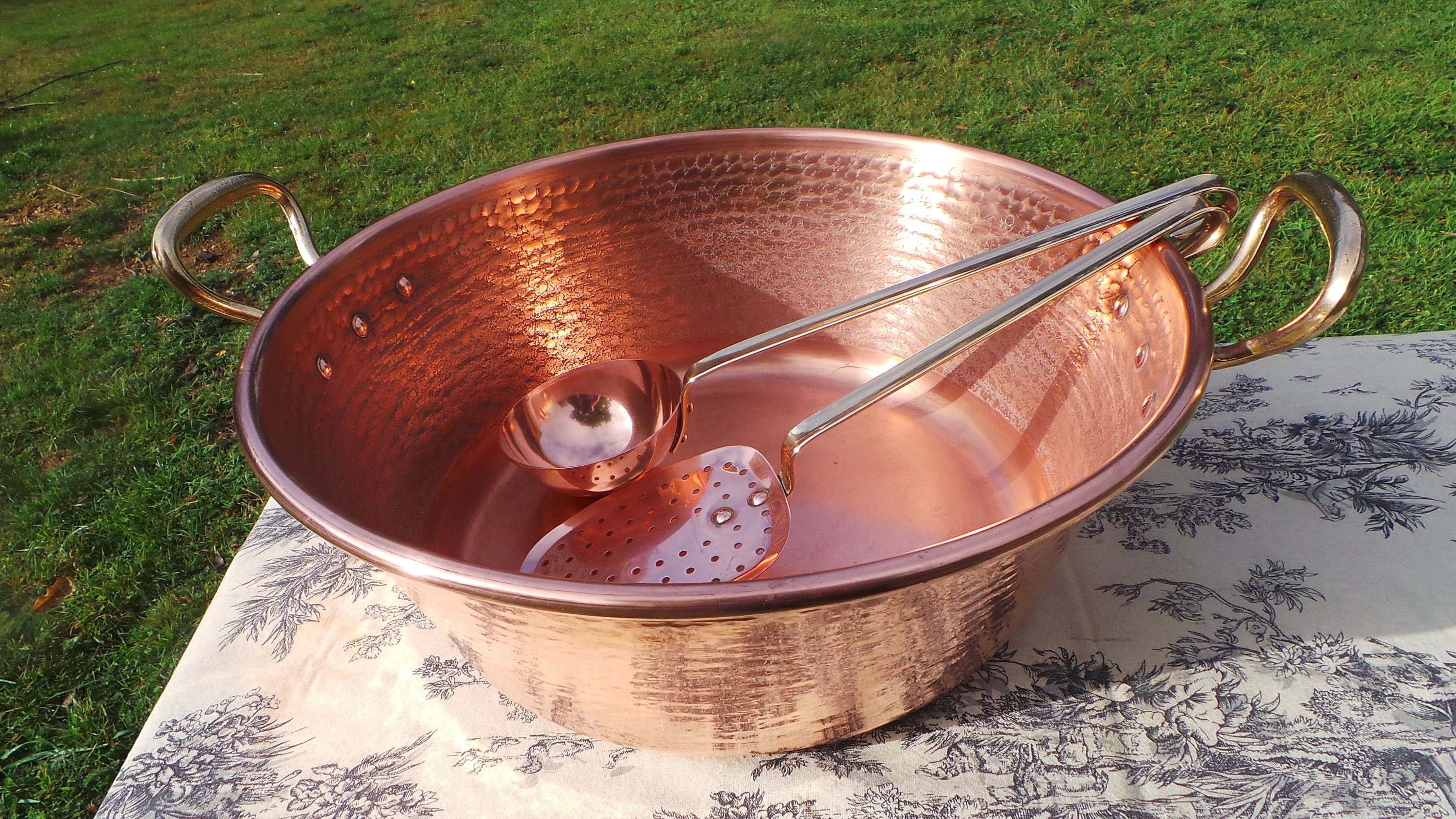 Jam Pan Utensils Preserve Makers Set French Vintage Copper Jam Jelly  Confiture Pan Cast Iron Handles Copper Sieve Ecumoire and Spoon 40cm