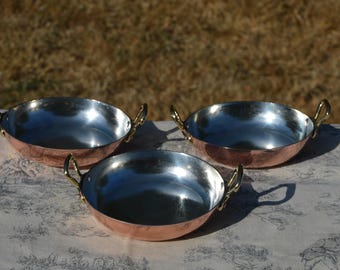 New Tin Three Gratin Pans French Copper Dishes Vintage Round 14cm 5 1/2 Inches Copper Rivets Bronze Handles Villedieu Quality