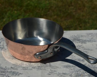Vintage French Copper Sauté Pan: Nickel Lined, Cast Iron Handle