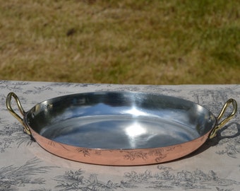 Poêle à gratin ancienne en cuivre, France, cuivre vintage, nouveau plat à rôtir en étain artisanal, four ovale 26 cm 10 1/2" poignées bronze Villedieu