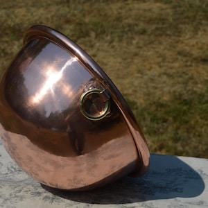 Copper Bowl Cul De Poule 28cm 11&quot; Big French Copper Full Round Mixing Bowl Bronze Ring Handle Heavy Solid Rolltop Ring Dents