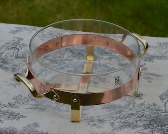 Nils Johan Copper Vintage Swedish Serving Dish with  Copper Frame Brass and Copper Handles Glass Interior