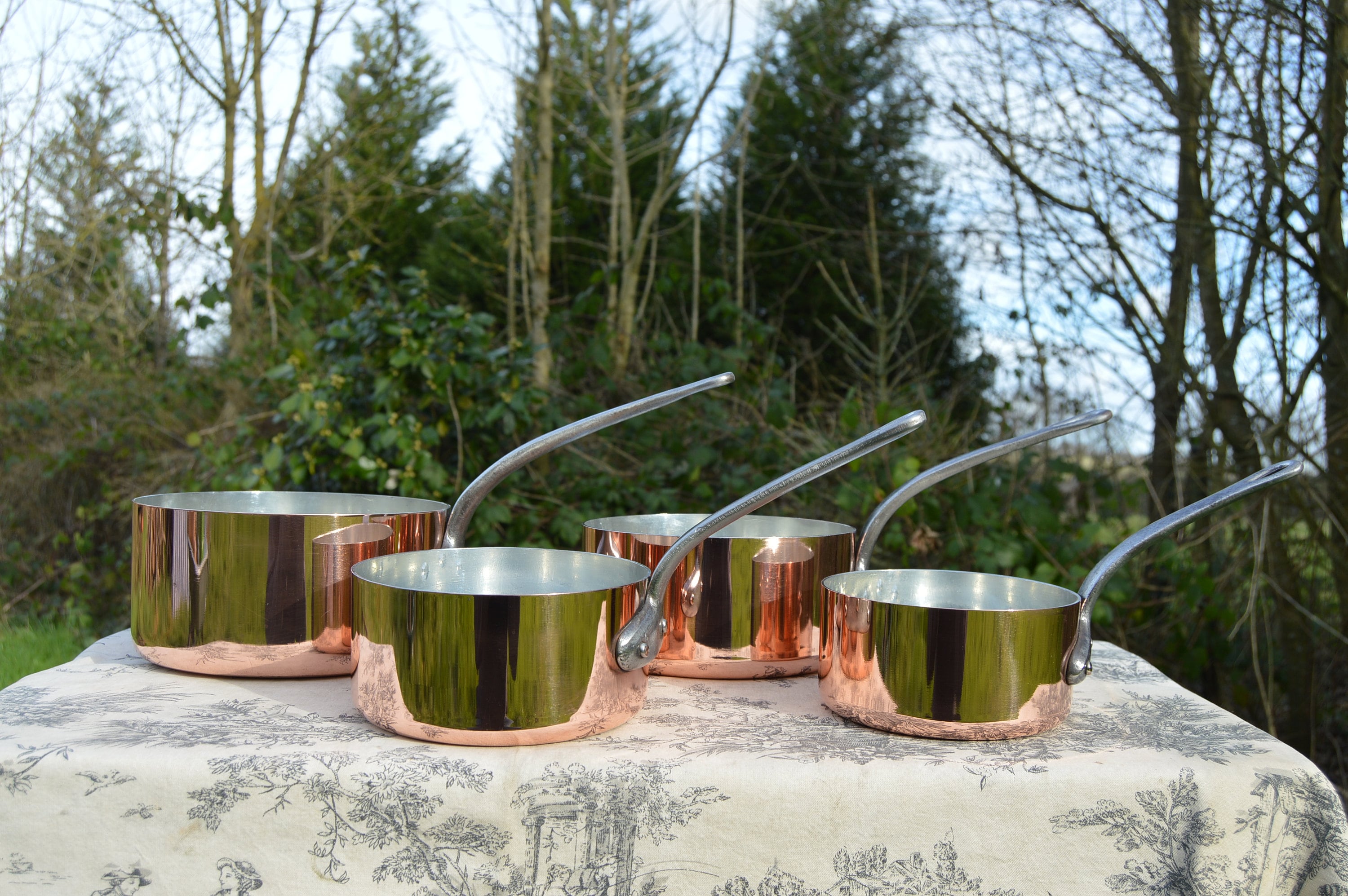 Copper Pans New Villedieu Tin Vintage Four French Copper 1.8mm Pans Cast Iron Handles Normandy