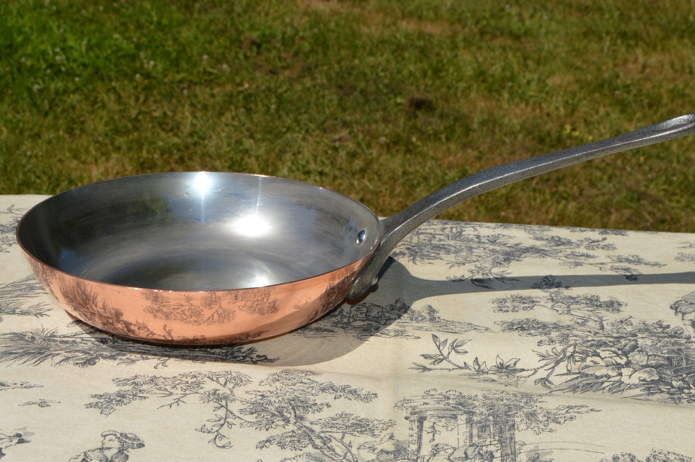 Farmhouse Vintage French Copper Crepe or Sauté Pan, Iron Handle