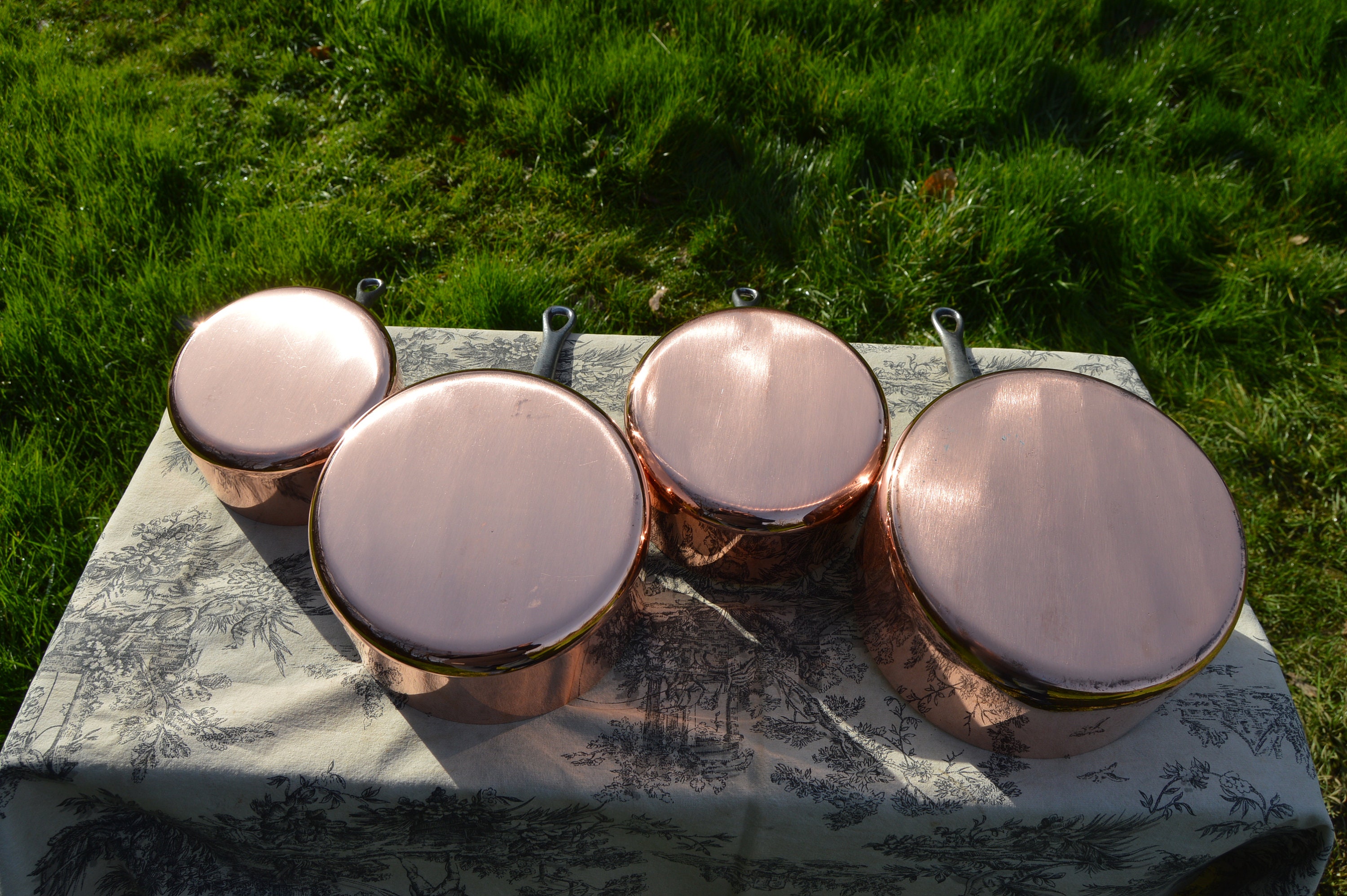 Copper Pans New Villedieu Tin Vintage Four French Copper 1.8mm Pans Cast Iron Handles Normandy
