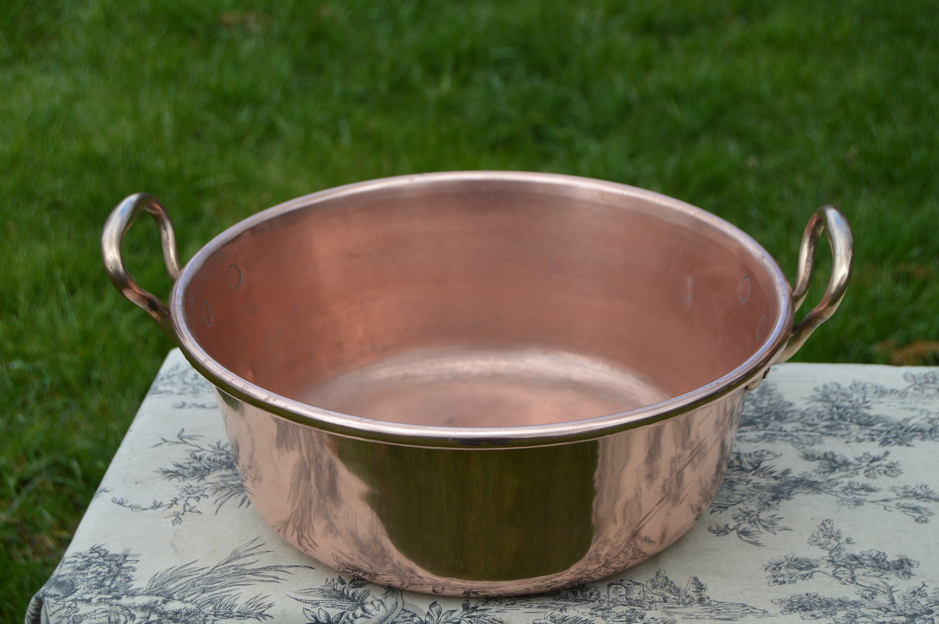 Vintage Copper Jam Pan Midi Taille Français Pot Cuivre 33cm Confiture Jelly Cast Bronze Poignées Uti