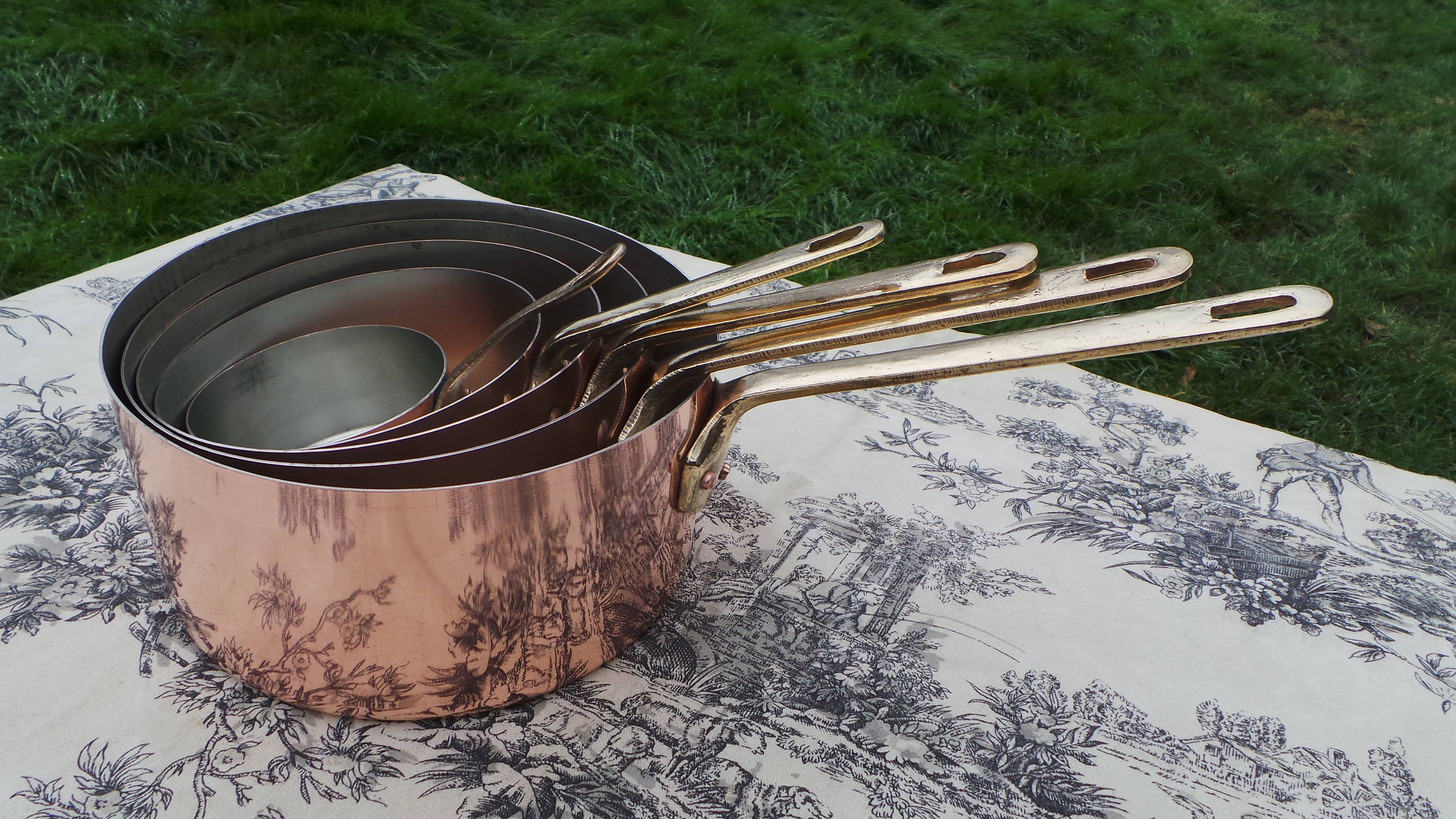 Set Four 1 Vintage French Copper Pans Cast Bronze Handles Metal Ouvres