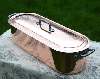 Restored Copper Fish Poacher, Nickel-Lined French Kettle with Cast Iron Handles