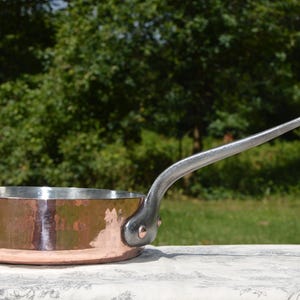May include: A copper saucepan with a silver handle. The pan has a rounded shape and a shiny interior. The handle is long and angled, attached to the pan with rivets. The background is a blurred view of green trees.