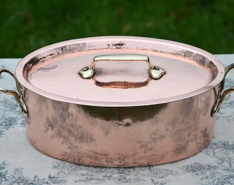 Antique French Copper Casserole Cocotte, Hand Hammered, Bronze Handles, New Tin Lining Gaillard