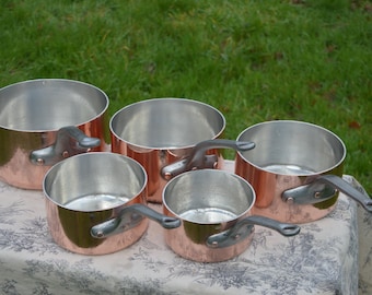 Vintage French Copper Pan Set, Five Graduated Cookware with Iron Handles