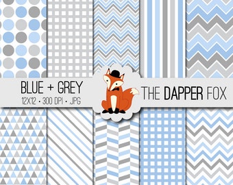 Blue and Grey Geometric Digital Paper Pack - INSTANT DOWNLOAD - 12x12 - baby blue boy baby shower - chevron, stripes, dots