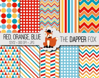 Red Orange Blue Geometric Digital Paper Pack - INSTANT DOWNLOAD - 12x12 - Baby boy baby shower chevron, stripes, dots