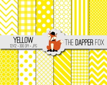 Yellow Digital Paper Pack - INSTANT DOWNLOAD - 12x12 - chevron, stripes, dots, quatrefoil