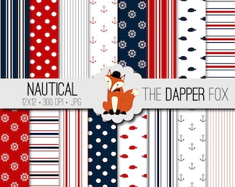 Nautical Digital Paper Pack - INSTANT DOWNLOAD - 12x12 - navy blue, red, white