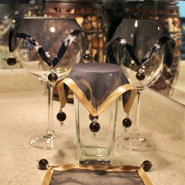 Wine Glass Covers / Black Chiffon with Black and Tan Satin Trim / Large Beads / Drink Covers (Set of 4)