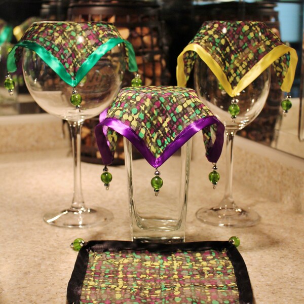 Wine Glass Covers / Multi-Color Chiffon with Purple, Yellow, Green, Black Satin Trim / Drink Covers / Outdoor / Party / Camping