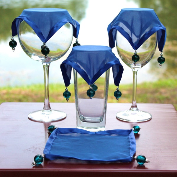 Wine Glass Covers, Blue Sheer with Blue Satin Trim with Blue and Silver Beads / Drink Covers (Set of 4)
