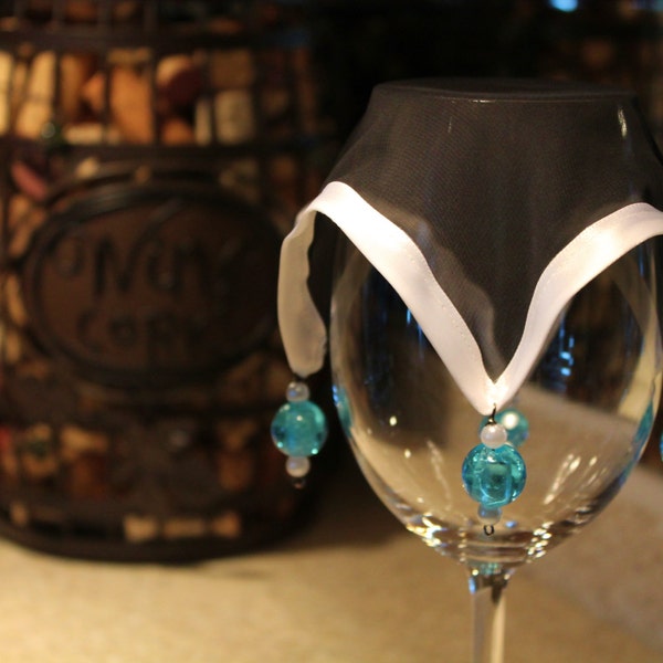 Wine Glass Cover / Black Chiffon Trimmed with White Satin (Single)