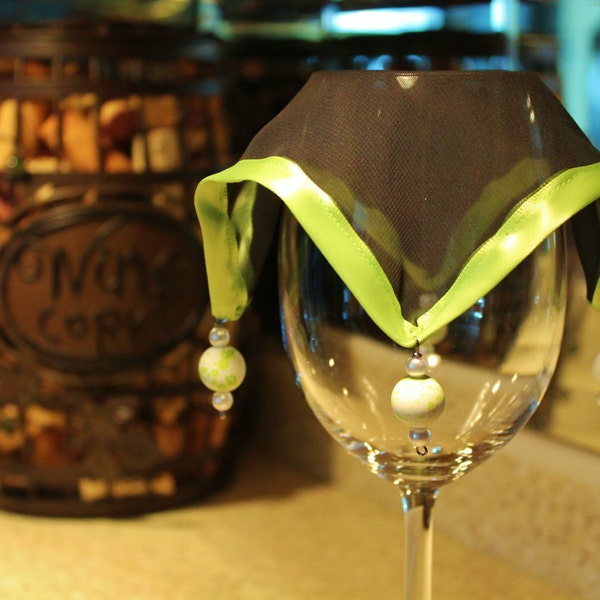 Wine Glass Cover / Black Chiffon Trimmed with Light Green Satin / Small Beads (Single)