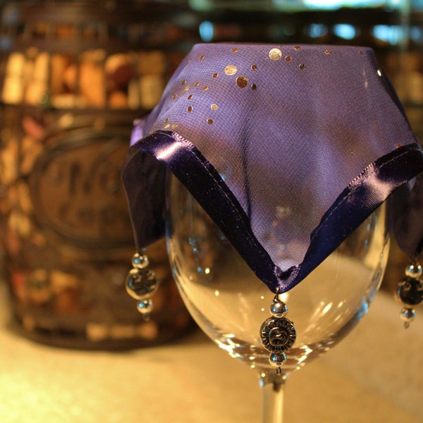 Wine Glass Cover, Milky Way Chiffon, Trimmed with Navy Satin (Single)
