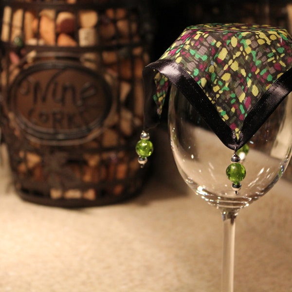 Wine Glass Cover / Multi-Color Chiffon, Trimmed with Black Satin / Small Beads / Drink Cover with or without Straw Hole (Single)