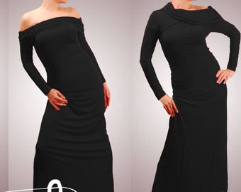 Convertible Black Maxi Dress - Off Shoulder or Cowl Neck - Elegant Long Sleeve Gown