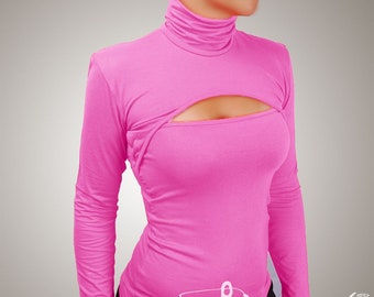 Rollkragen Top, Slim Skin Tight Stretchy Rollkragen Top, Langarm Bluse, Damen Top, Schildkröte Hals mit Aussparung im vorderen Brustbereich