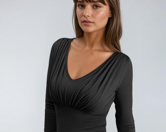 Wrap Blouse Long Sleeve Crossover Shirt: Fitted Office, Cocktail Party Chic Clothing