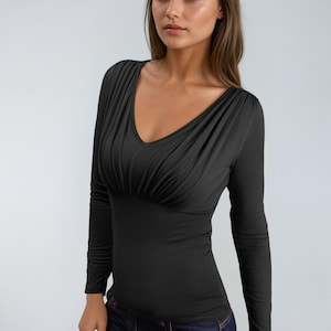 Ruched V-neck top with long sleeves, Formal top, Elegant Fitted Stylish blouse available in  28 colors  and sizes S, M, L,XL,XXL