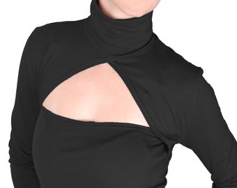 Cut-Out Turtleneck Top: Women's Long Sleeve Fitted Blouse Handcrafted & Personalized – Made Especially for You, Any Size or Color