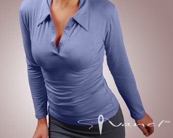 Fitted Long Sleeve Top with Collar and Buttons - Elegant Viscose Knit Blouse for Office and Casual Wear, Made to order Semi Formal Top